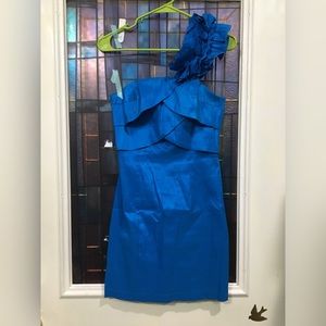 Blue one shoulder dress with flowers